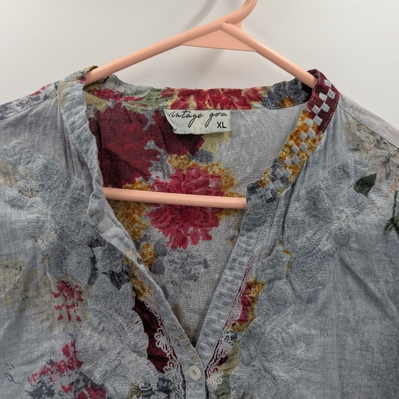 Vintage Goa Floral Embroidered Cotton Tunic Top Boho Hippie Peasant Blouse M - Picture 5 of 11